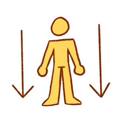 a featureless yellow person standing with an arrow pointing downwards on either side of them. 
